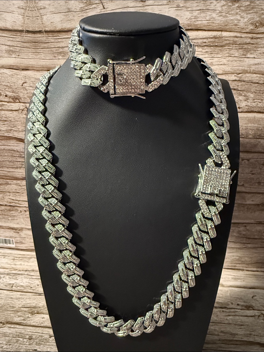Silver Stainless Steel Iced Out Cuban Link Chain Necklace and Bracelet Set